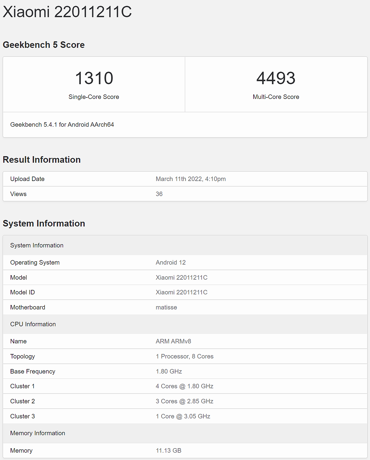 Xiaomi 22011211C 机型跑分