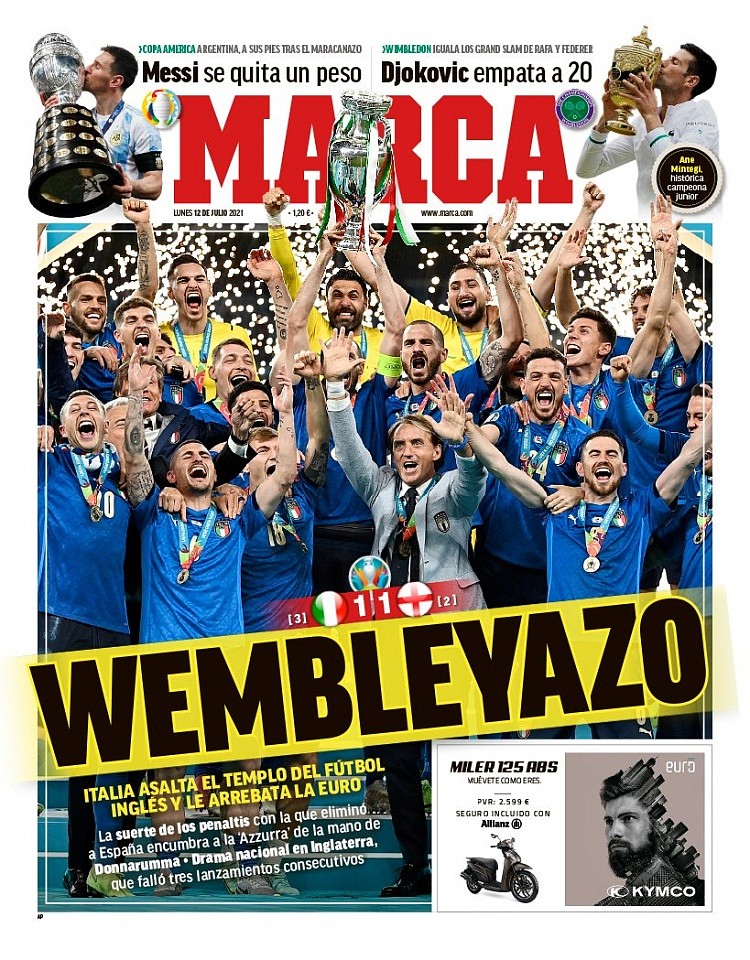 西甲今日头版：梅西首次随阿根廷夺冠 意大利温布利登上欧洲之巅 - 1