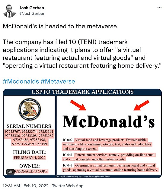 Josh Gerben在推特上称麦当劳申请元宇宙商标，图源推特