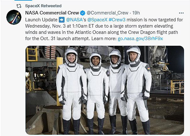 NASA: 天气原因导致SpaceX的Crew-3机组推迟至11月3日发射 - 1