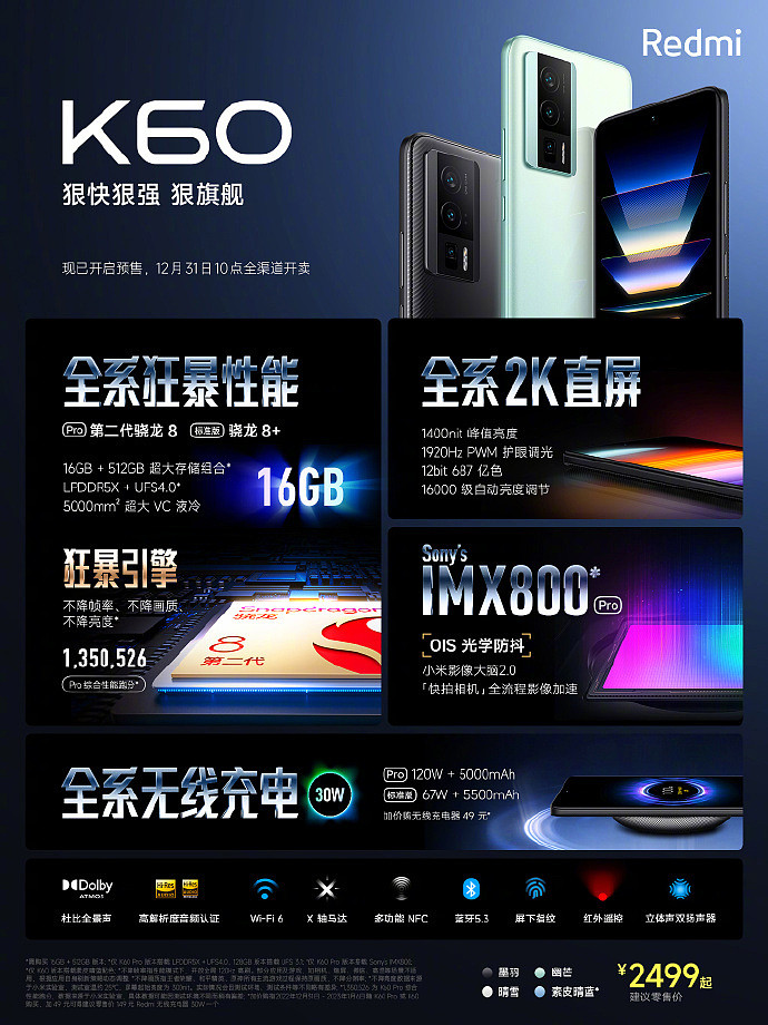 365 天只换不修：Redmi K60 手机 12+256G 版 2499 元免息大促（限北京） - 3