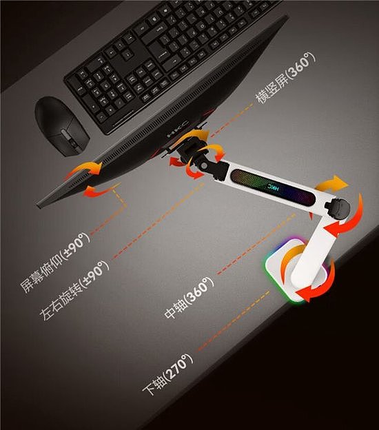 HKC H10/H12多功能RGB显示器支架臂，解锁桌面美学新形态 - 5