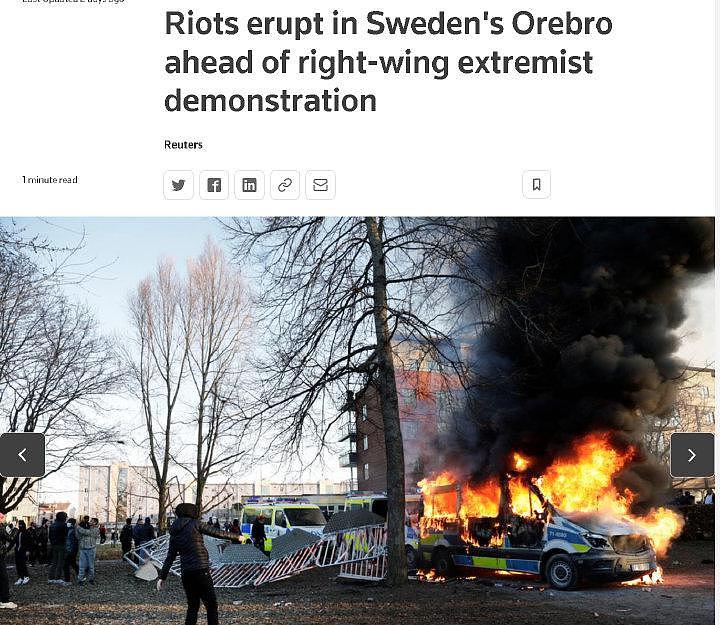 瑞典多地爆发骚乱，因极右翼政客威胁烧毁古兰经和泼猪血 - 1