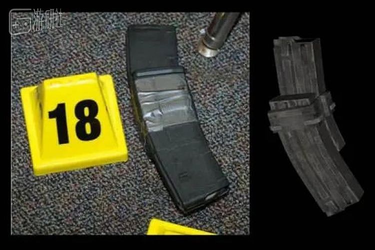 乔希•科斯科夫提交的关键证据之一：左图为枪击案现场遗落的弹匣照片，右图为《使命召唤》弹匣截图，凶手效仿了胶带缠绕弹匣的方式，目的是加快装弹速度
