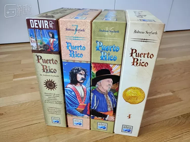 波多黎各的四个版本，最左侧的两盒为波多黎各的早期版本， 2002年左右出版，第三盒是2011年出版的波多黎各周年纪念版  最右侧的是2020年出版的豪华大盒版