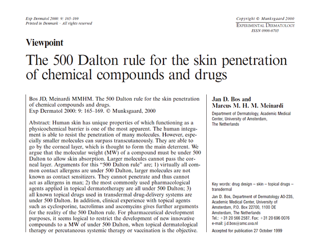 化合物和药物透皮的500道尔顿规则 来自2000年发表在《实验皮肤科学》上的经典文献