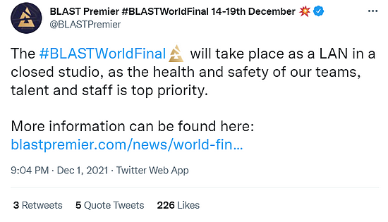 BLAST全球总决赛将在无观众的演播厅中进行 - 2