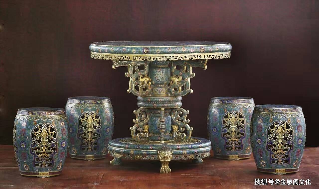 精铸铜胎掐丝珐琅景泰蓝桌凳一套五件 - 1