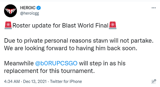 b0RUP将替代stavn参加BLAST全球总决赛 - 2