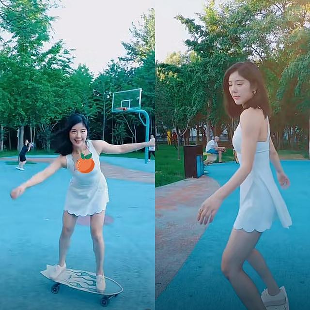 35 岁赵奕欢公园里玩滑板，穿白色短裙身材好，动作舒展笑容灿烂 - 4