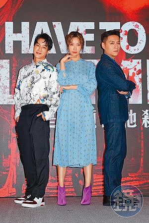 鄭人碩（右起）、蔡淑臻和薛仕凌，上個月出席七十六号原子的電視電影《我是自願讓他殺了我》發布會，3人在戲裡關係複雜。