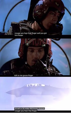 《捍衛戰士》空戰場面中，常見阿湯哥與飛行員喊叫「Roger」。（翻攝自DB電影片段頻道）