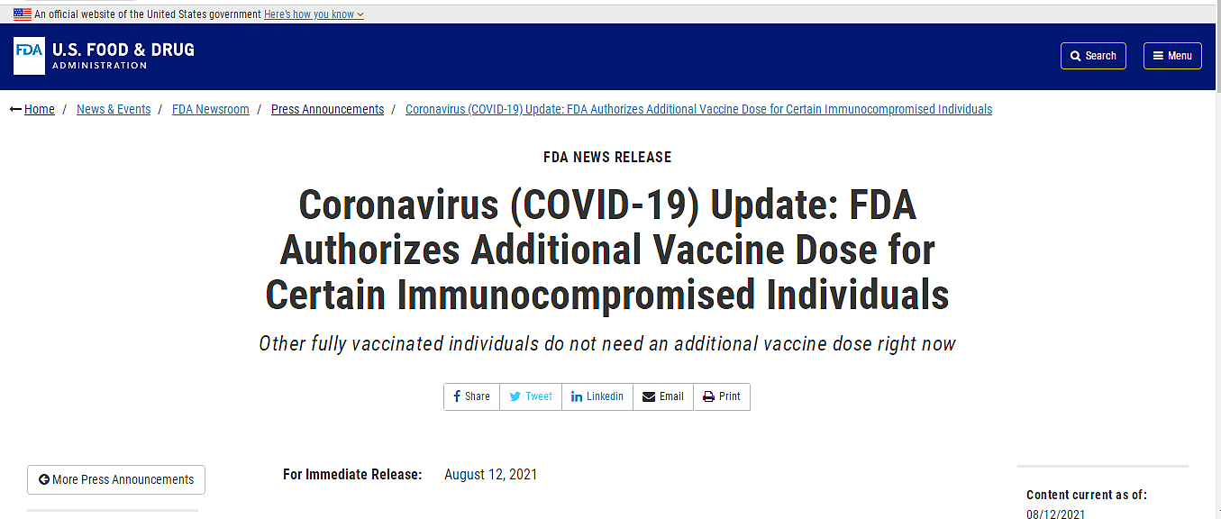 美国FDA批准为免疫缺陷人群接种第三剂新冠疫苗 - 1