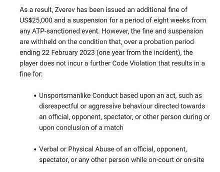 禁赛8周罚2.5万!兹维列夫遭严惩 ATP官网公布处罚 - 1