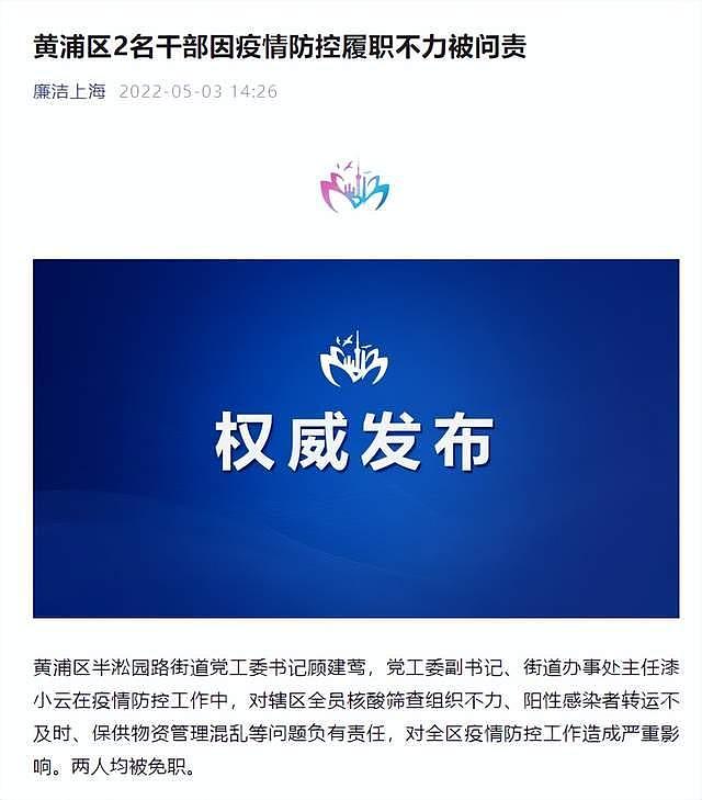 上海黄浦区 2 名干部因疫情防控履职不力被问责 - 1