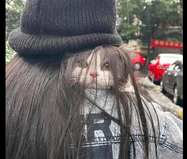 女孩将猫抱在肩膀上，还以为它长了长头发，太吓人了吧，贞子猫？ - 1