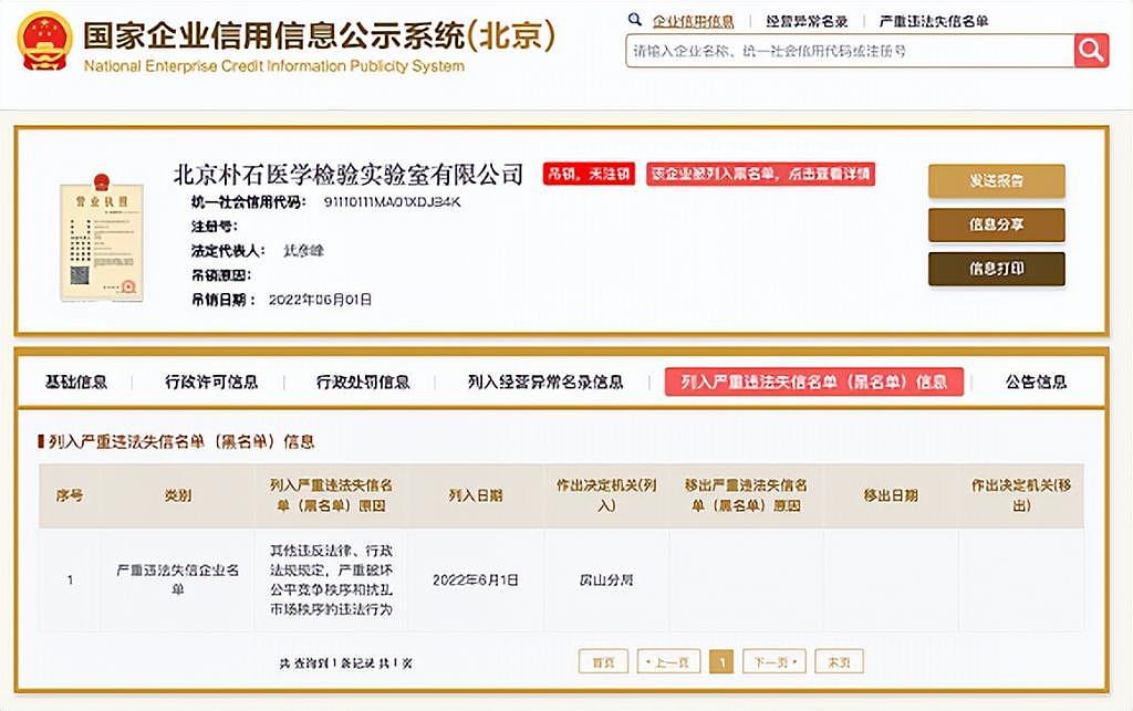 北京朴石医学检验实验室有限公司被列入严重违法失信企业名单 - 1