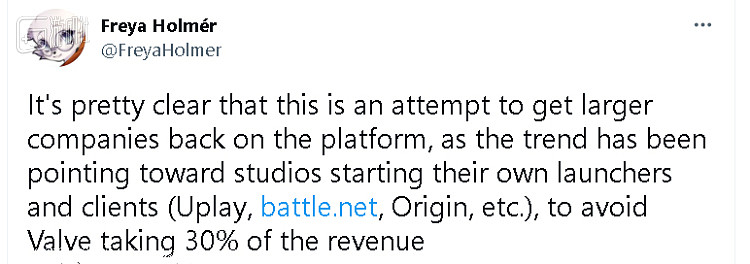 Holmér认为 Valve此举是为了吸引育碧、动视暴雪和 EA这样的大厂回归 Steam