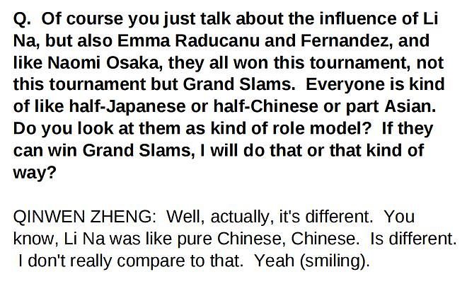 郑钦文赛后采访谈李娜:她给了我一个打好网球的梦想 - 3