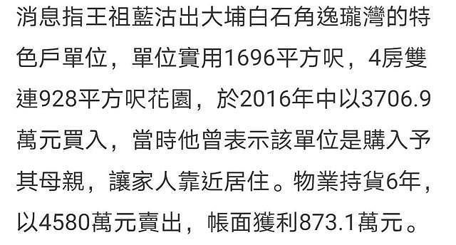 王祖蓝卖香港千尺豪宅，持有 6 年狂赚千万，曾言上亿资产送老婆 - 3