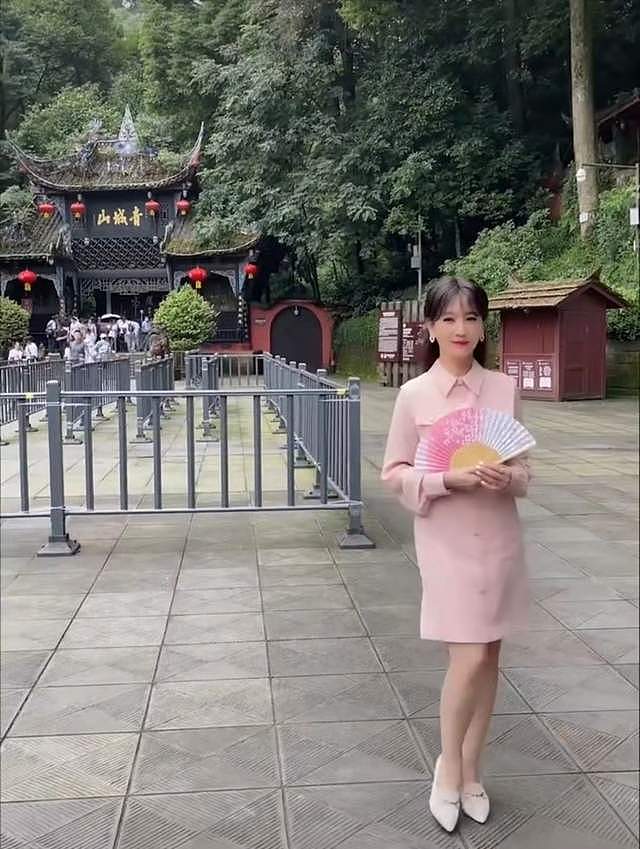 67岁赵雅芝重游青城山，穿粉嫩长裙气质优雅，感叹就好像回家一样 - 3