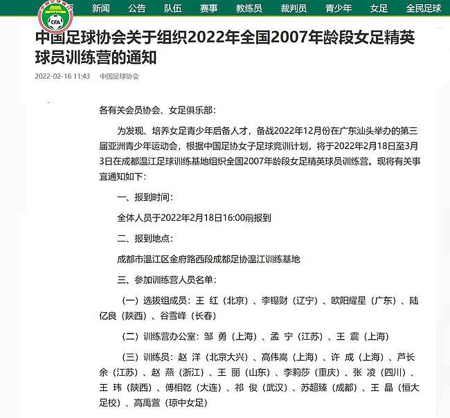 中国足协组织07女足精英训练营，106名队员入选，武汉市足协3名 - 1