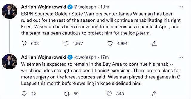 勇士官宣！怀斯曼因膝伤赛季报销，科尔：我们在保护他的未来 - 4