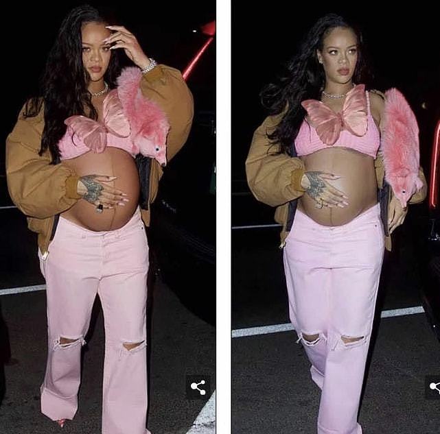 蕾哈娜抓住机会秀9个月孕肚！穿粉色胸衣露肚皮，狐狸皮草太个性 - 1