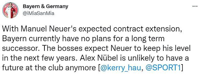 记者：拜仁没考虑诺伊尔接班人，努贝尔已失去未来 - 1