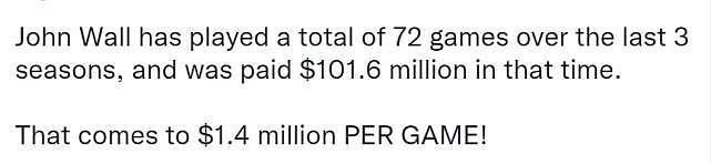 沃尔打一场球赚140万美元！美媒晒神图感慨：72场薪水超过1亿 - 2