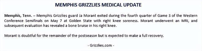 莫兰特预计赛季报销！右膝遭骨挫伤 伤病专家：不可能是普尔造成 - 2