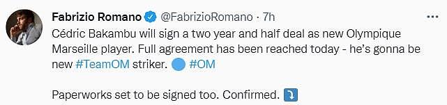 罗马诺：巴坎布即将加盟马赛，签约两年半 - 1