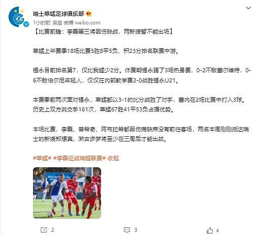 草蜢官方：李磊等三名球员因伤病没有前往客场 - 1