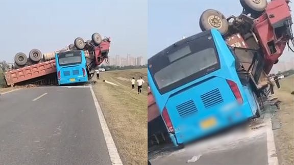网曝蚌埠一公交车被大货车拦腰砸扁，公交公司：拍电影的不是车祸 - 1
