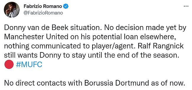 罗马诺：朗尼克希望范德贝克留队到赛季结束 - 1