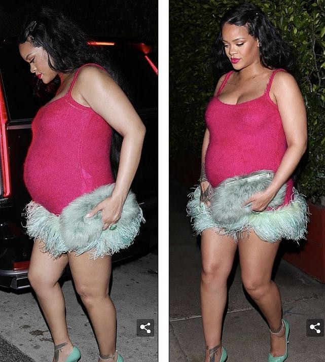 孕妈蕾哈娜太敢穿！穿桃红色吊带裙像个球，8个月孕肚勒着不难受 - 1