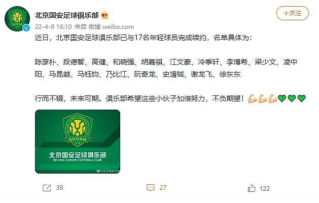 青春风暴！北京国安官宣与17名年轻球员续约 - 1