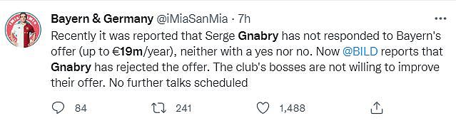 德媒：格纳布里拒绝了拜仁1900万欧年薪新合同 - 1