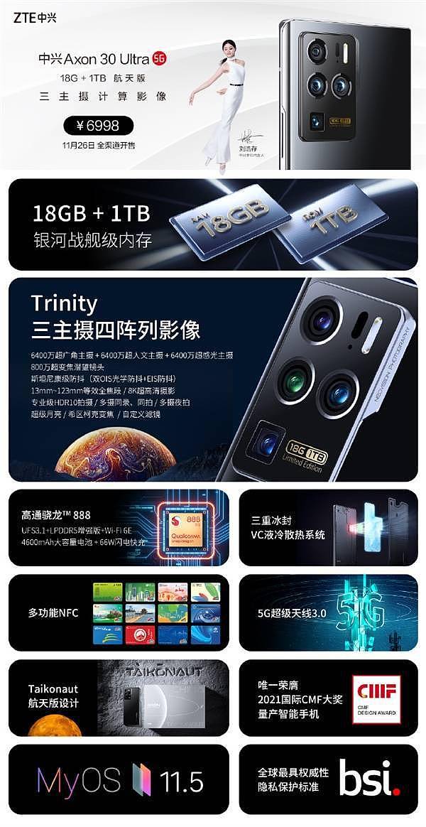 首发18GB+1TB存储！一图看懂中兴Axon 30 Ultra航天版 - 2