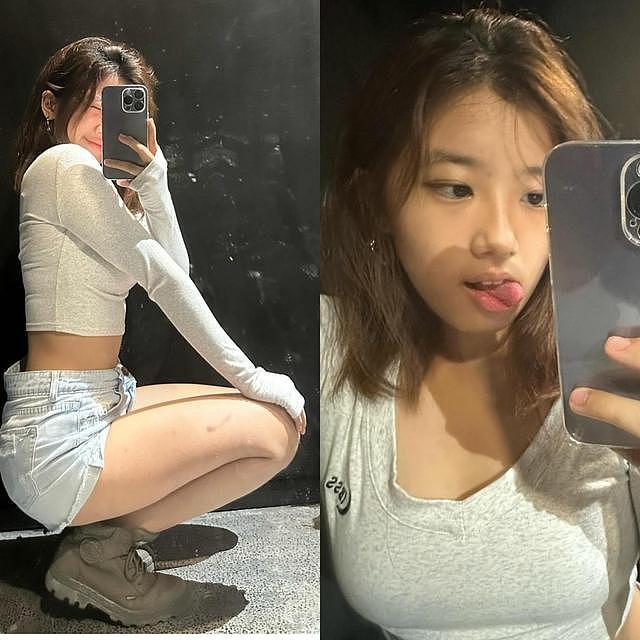 贾静雯17岁女儿梧桐妹晒照，身材高挑笑容自信，坐洗手台对镜自拍 - 6
