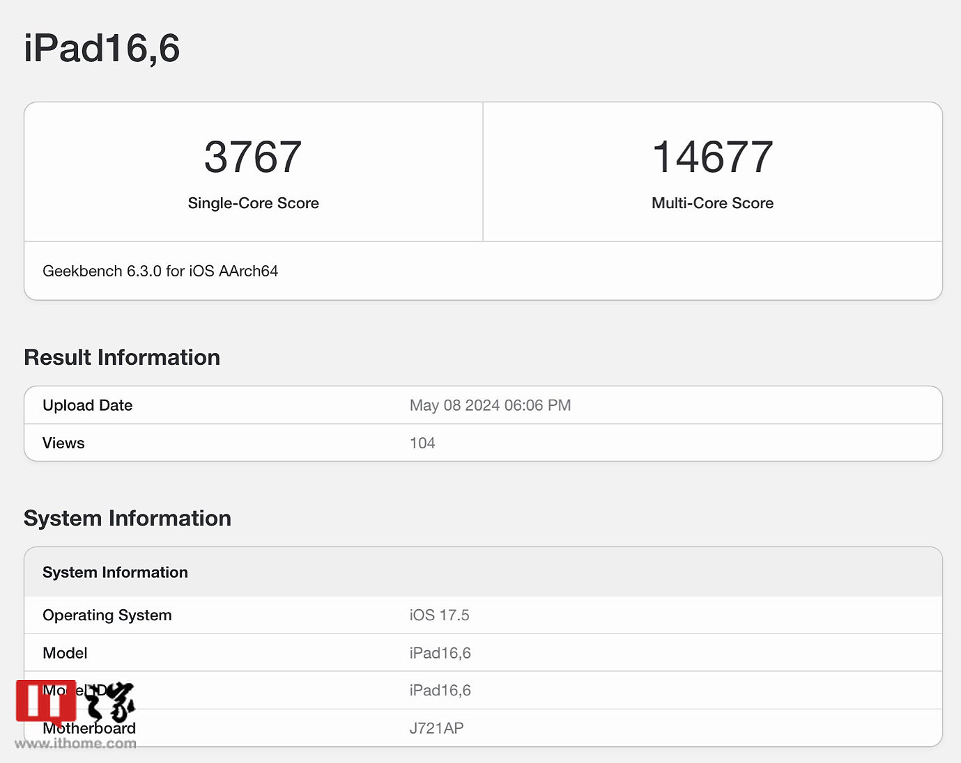 苹果 M4 款 iPad Pro 跑分出炉：Geekbench 6 单核 3767 分，多核 14677 分 - 2