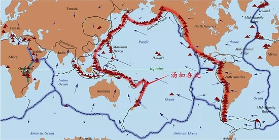 　全球板块边界，环太平洋火环以及汤加的位置示意图 图/wikipedia