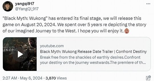 《黑神话：悟空》美术总监杨奇发推文称，游戏已进入最后阶段 - 1