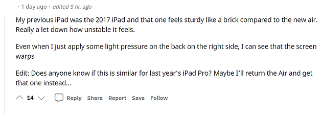 部分用户称iPad Air 5产品质量下降：外壳变薄，还会嘎吱作响 - 5