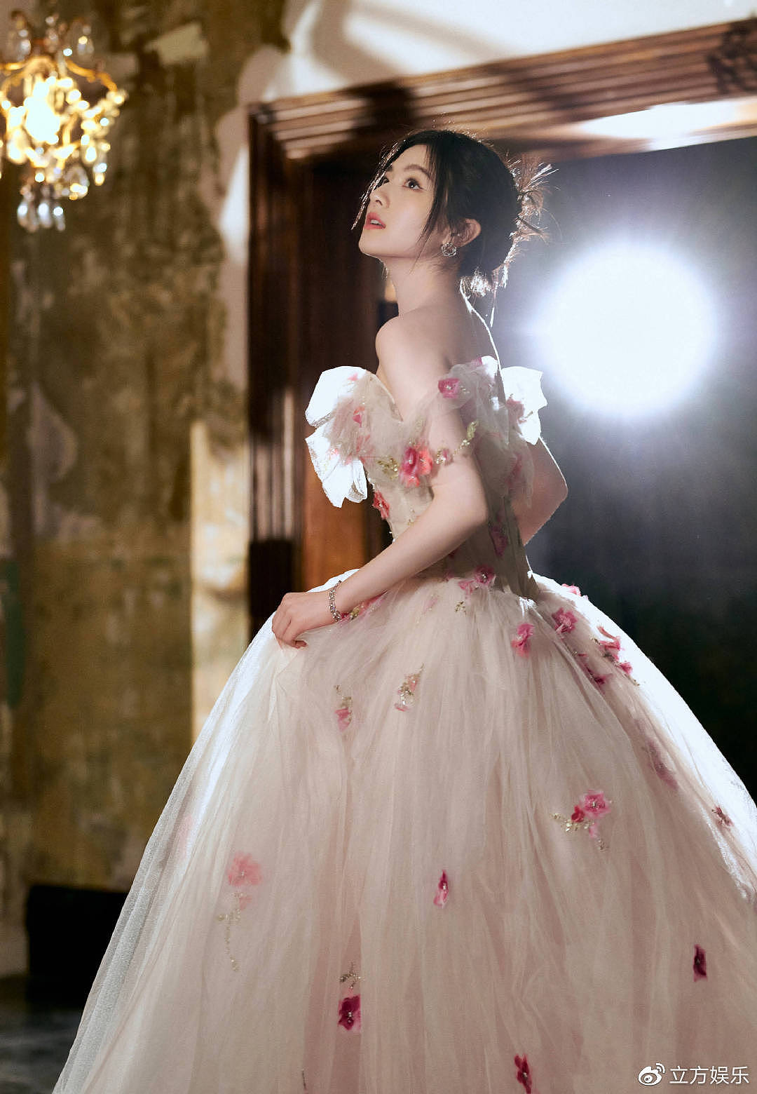 李兰迪化身甜美玫瑰仙子 粉纱裙点缀花朵如梦似幻 - 1