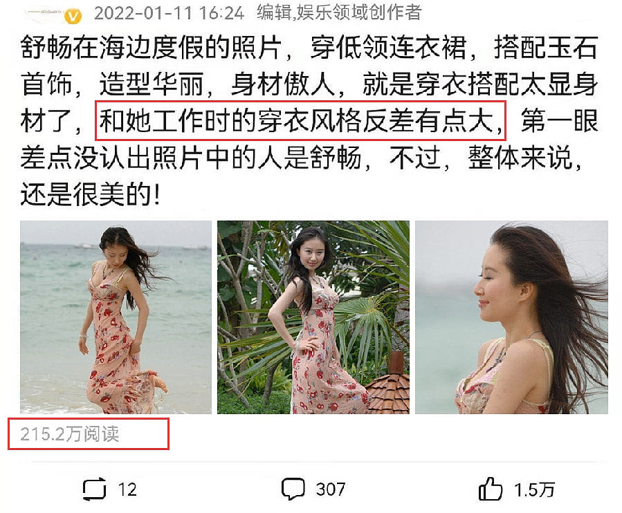 舒畅海边度假照曝光，穿低领吊带裙大秀曲线美，清纯人设备受质疑 - 1