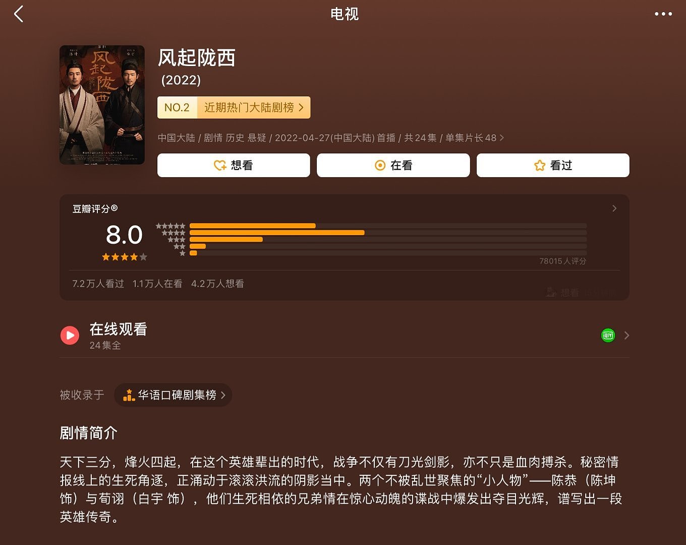 由白宇、陈坤主演的《风起陇西》豆瓣评分已经长至8分…… - 2