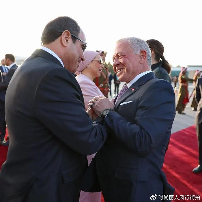 约旦王后欢迎埃及总统夫妇！埃及夫人穿粉裙很嫩，王后墨绿裙惊艳 - 4