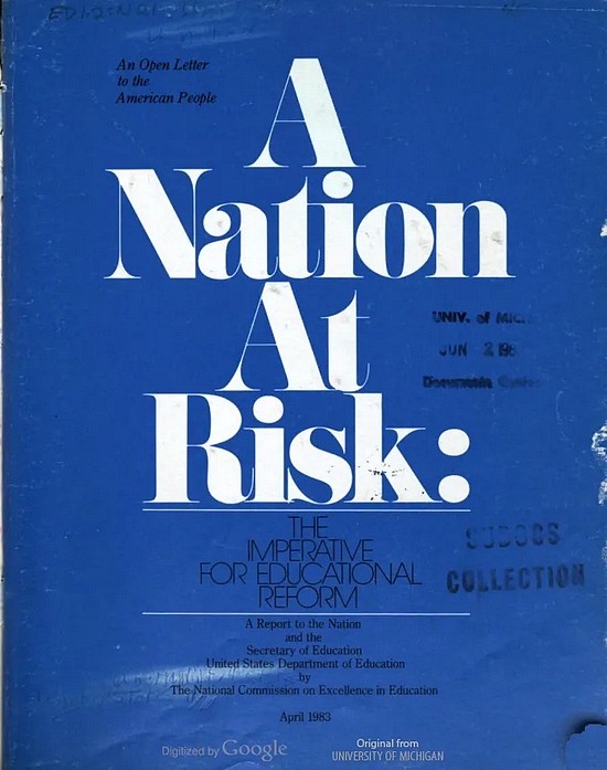 　1983年，美国政府出台了一份名为“A Nation at Risk”（国家危机）的报告，原文地址：www2.ed.gov/pubs/NatAtRisk/risk.html。图片来源：wikipedia