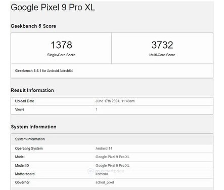 谷歌Pixel 9 Pro XL跑分曝光：搭载全新Tensor 4芯片 - 1